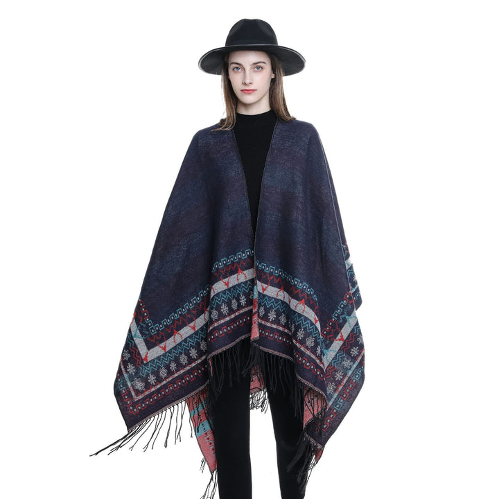 Women's Wool Blend Kimono Poncho with Norwegian Border and Fringe Mune Fashion