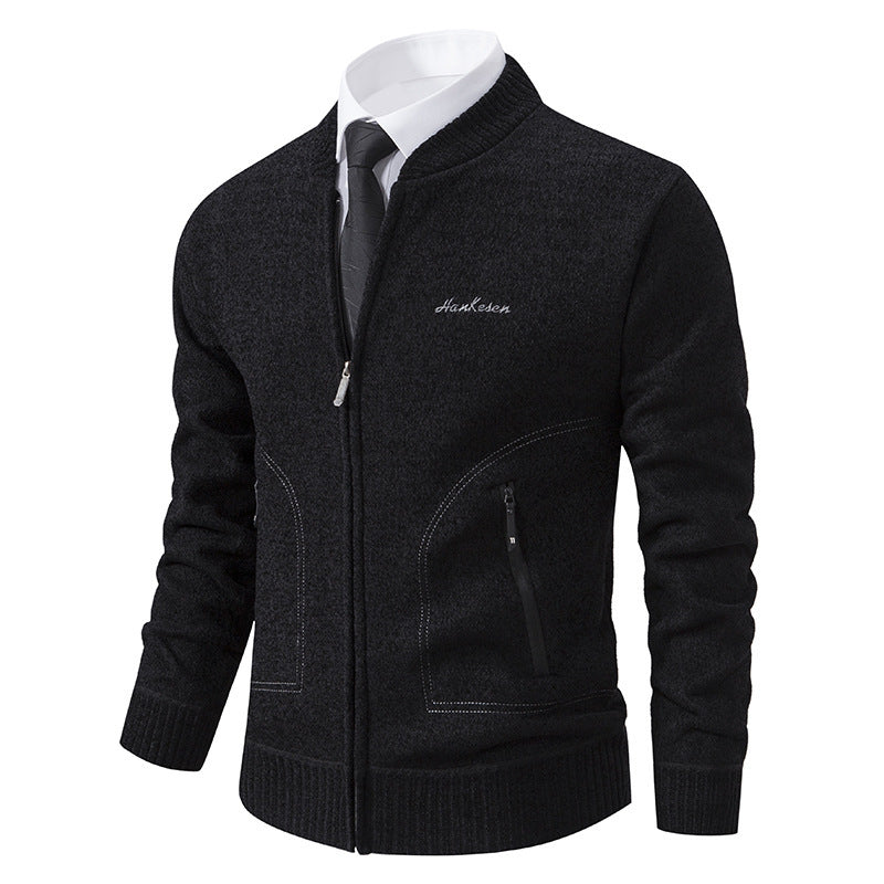 Men's lightweight business knit cardigan with concealed front zipper, zippered pockets, and ribbed hem Mune Fashion