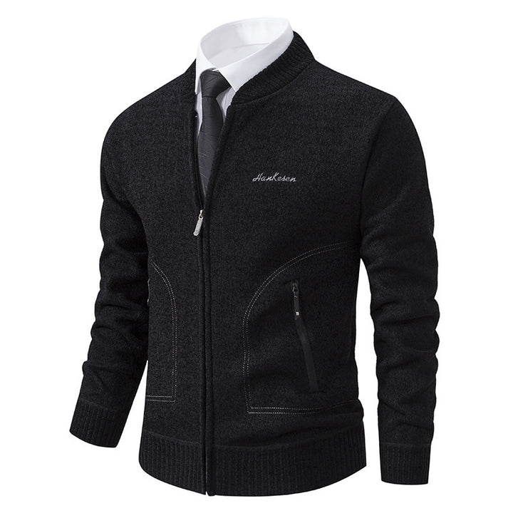 Men's lightweight business knit cardigan with concealed front zipper, zippered pockets, and ribbed hem Mune Fashion