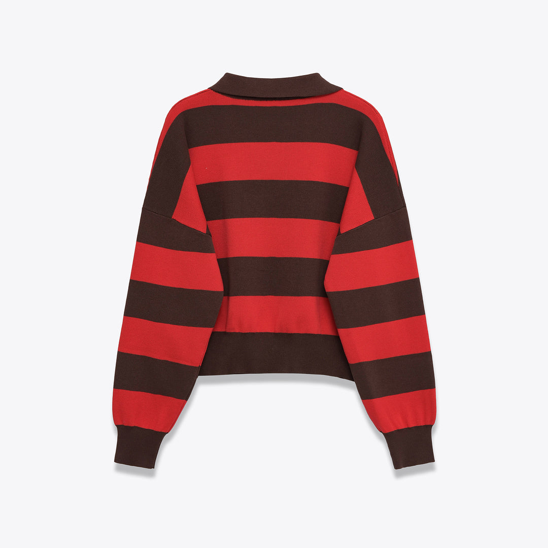 Women Cropped Oversize Rugby Pullover with Polo Collar and Deep V Neck Mune Fashion