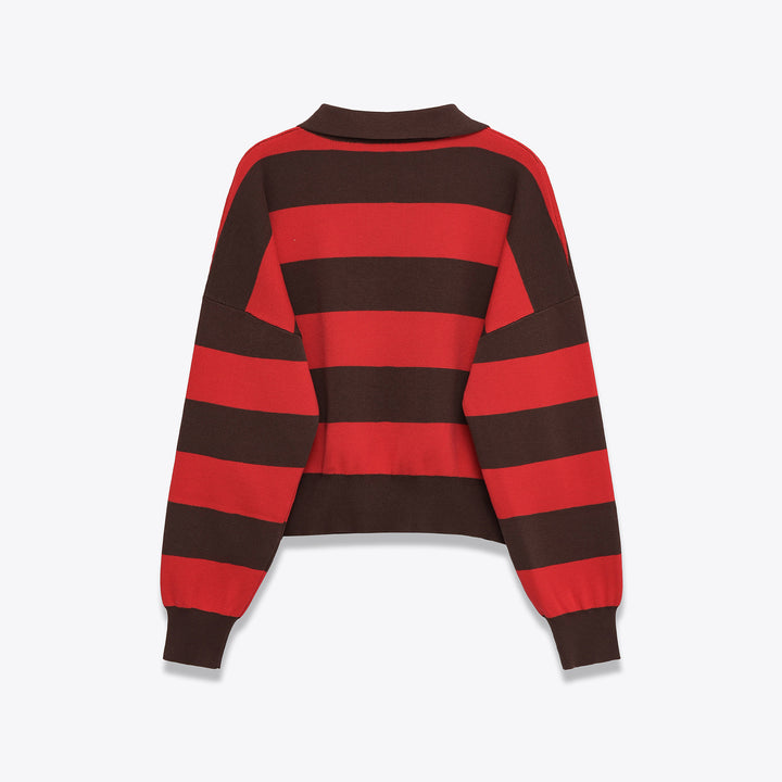 Women Cropped Oversize Rugby Pullover with Polo Collar and Deep V Neck Mune Fashion