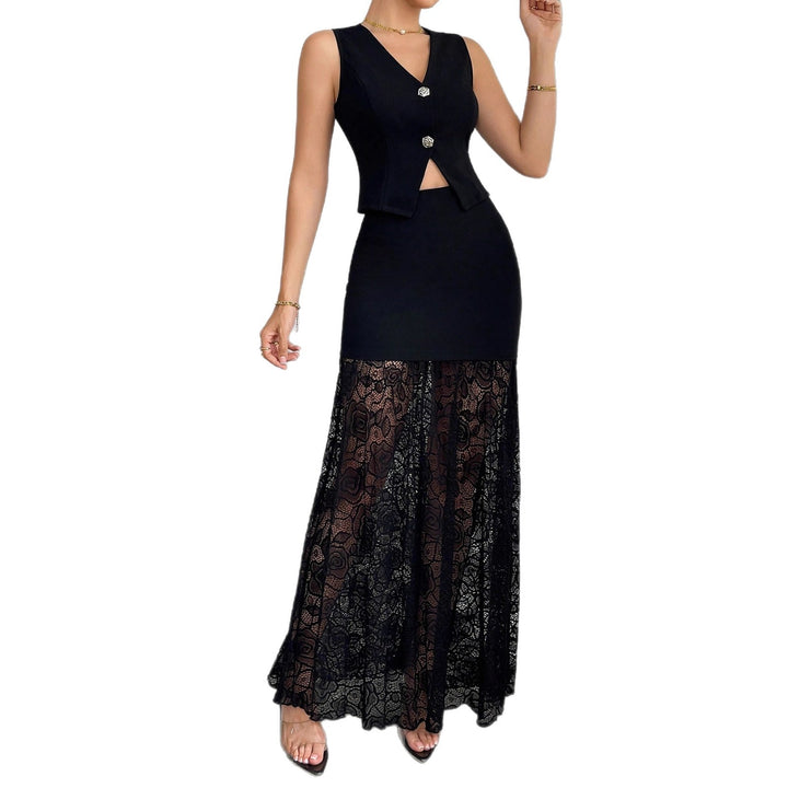Women two-piece evening set with tailored vest and floor-length lace overlay skirt Mune Fashion