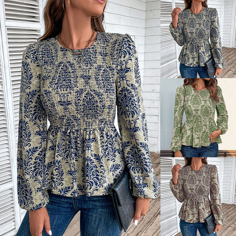 Women's Gathered Smock Blouse Shirt with Peplum and Voluminous Puff Sleeves Mune Fashion