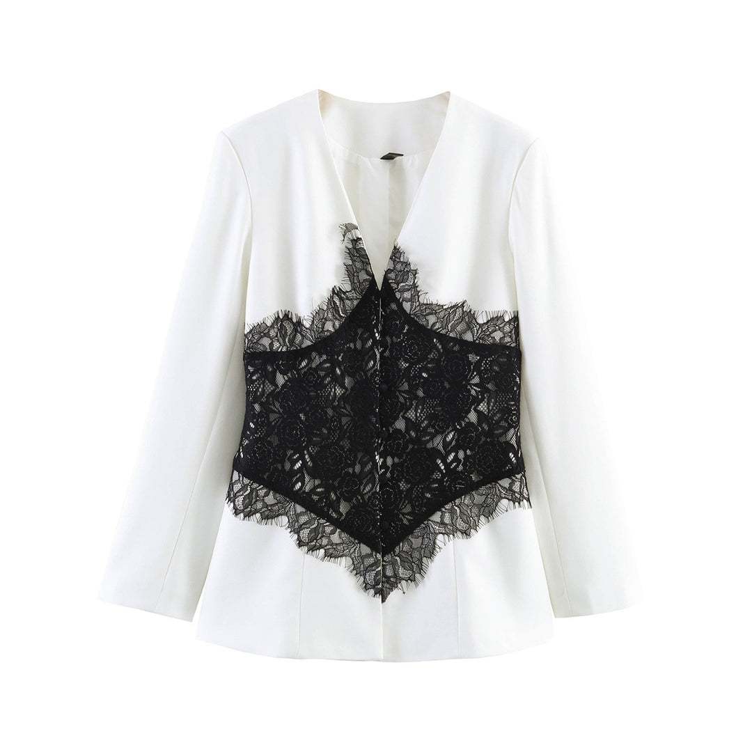 Women Tailored Blazer with V-Neck and Contrasting Lace Mune Fashion