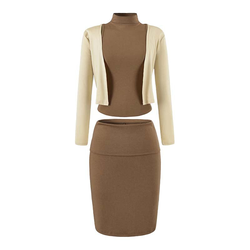 Ladies two-piece business knit set with turtleneck top, bolero, and pencil skirt Mune Fashion