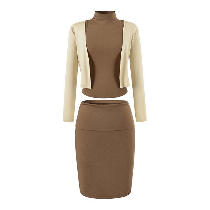 Ladies two-piece business knit set with turtleneck top, bolero, and pencil skirt Mune Fashion
