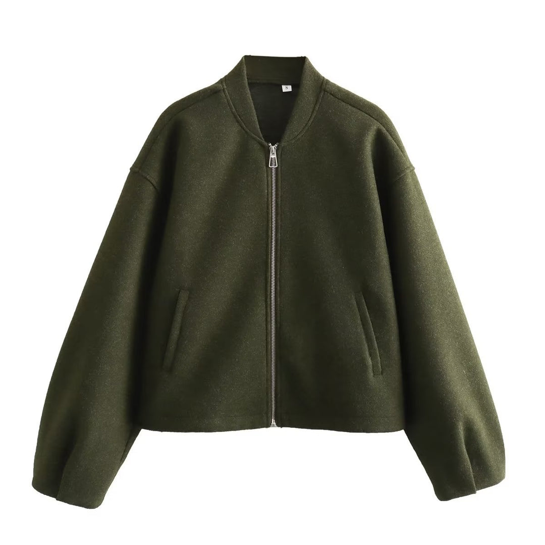 Women's Boxy Bomber Jacket with Stand-Up Collar, Dropped Shoulders and Concealed Zipper Mune Fashion