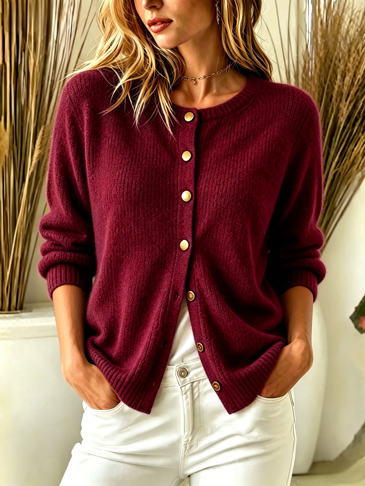 Women's Cozy Knit Cardigan with Round Neckline and Gold Decorative Buttons Mune Fashion
