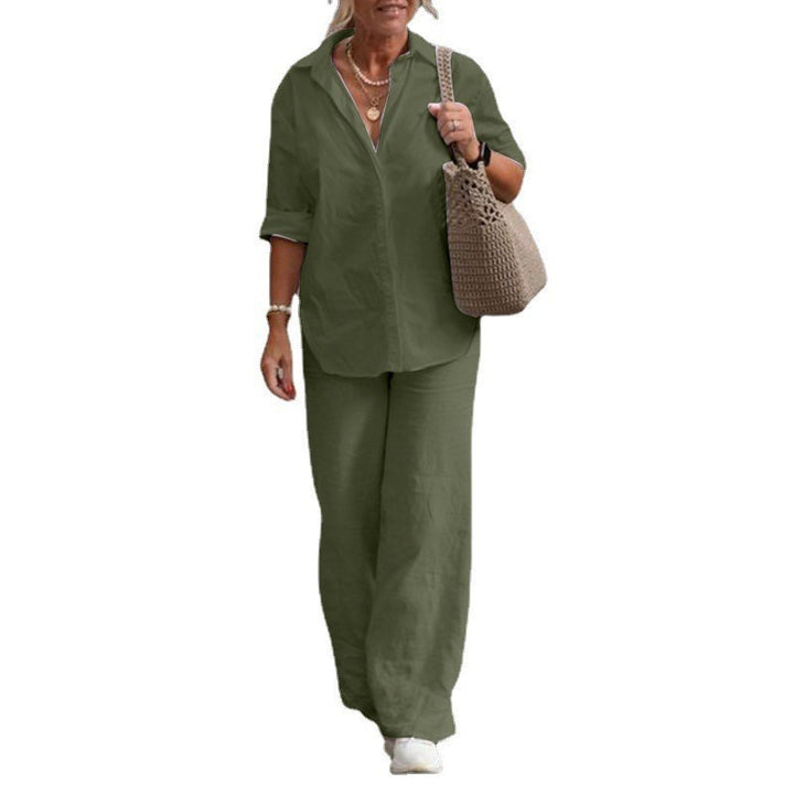 Women's Lightweight Linen Loungewear Set with Open Shirt Collar and Wide Palazzo Pants Mune Fashion