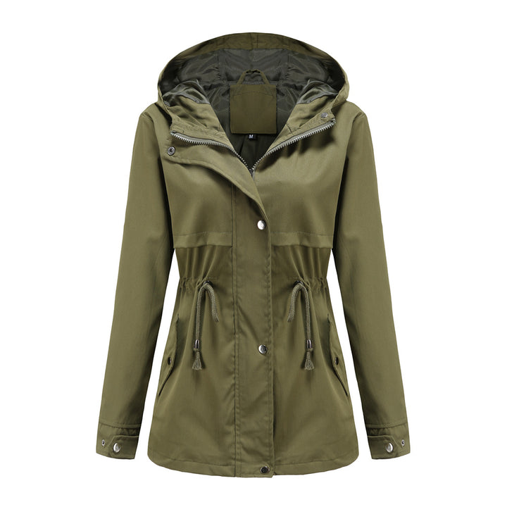 Women's breathable transitional jacket with hood, waist drawstring and concealed snap button placket Mune Fashion