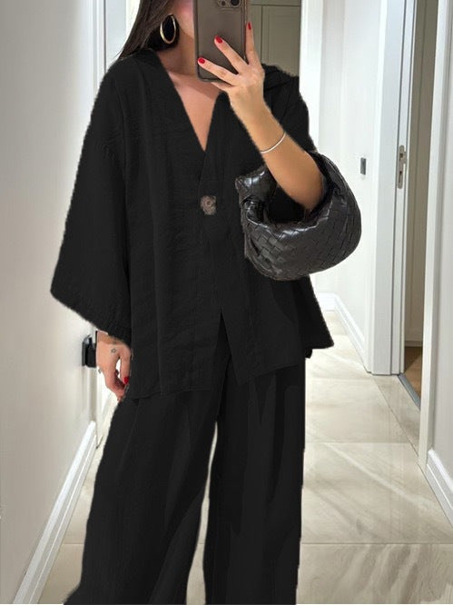 Women's relaxed two-piece linen set with kimono-style oversized jacket and wide palazzo pants Mune Fashion