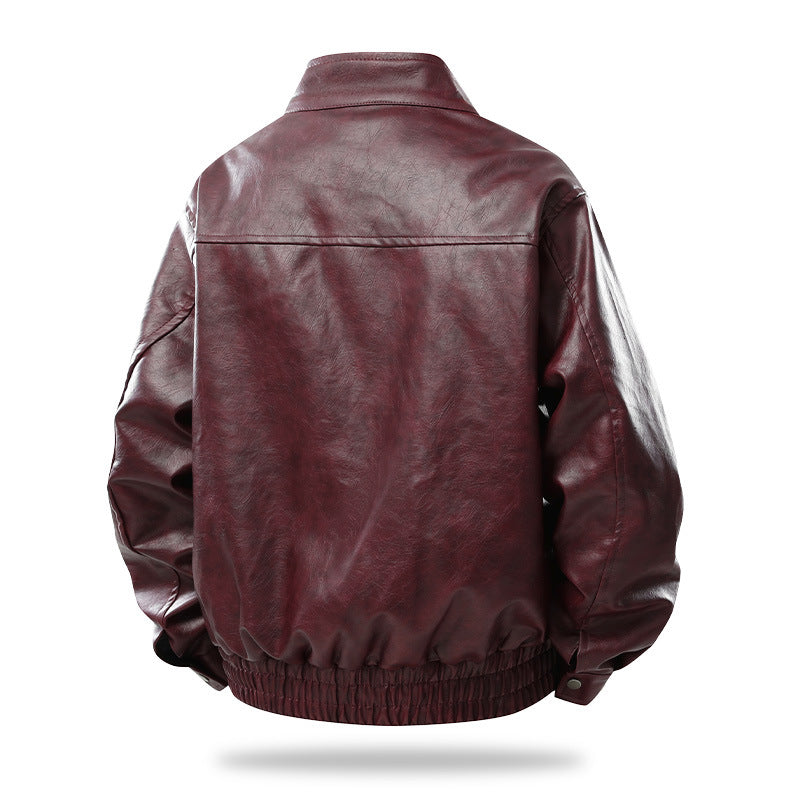 Men's Modern Cut Faux Leather Bomber Jacket with Stand Collar, Zipper and Elastic Hem Mune Fashion