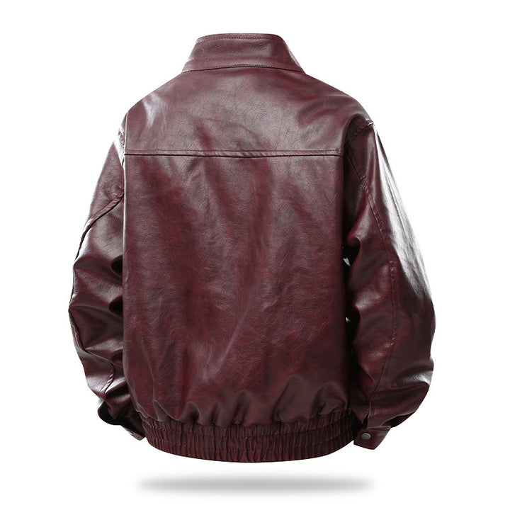 Men's Modern Cut Faux Leather Bomber Jacket with Stand Collar, Zipper and Elastic Hem Mune Fashion
