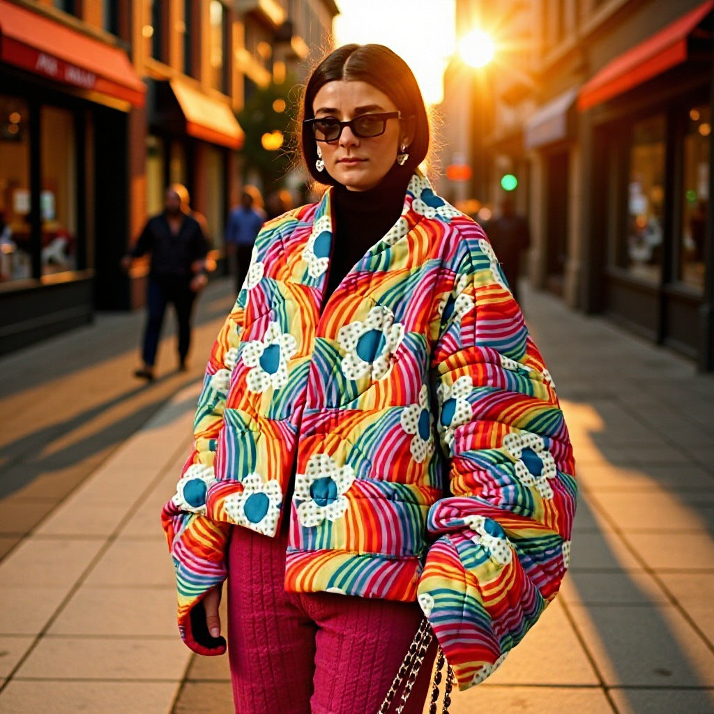 Women Short Oversized Padded Jacket with Colorful Rainbow Stripes and Flower Application Mune Fashion