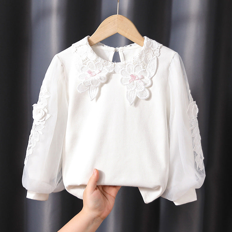 Girl's blouse with floral embroidery and transparent sleeves Mune Fashion