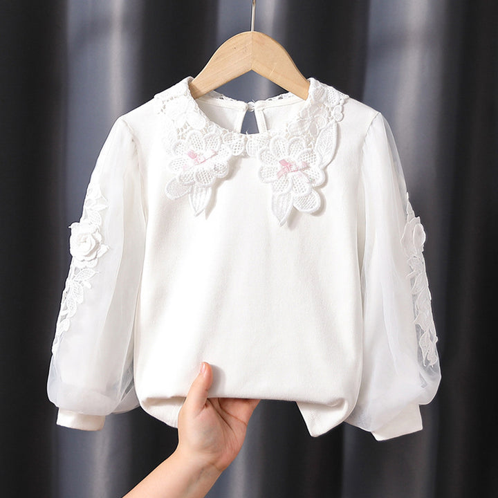 Girl's blouse with floral embroidery and transparent sleeves Mune Fashion