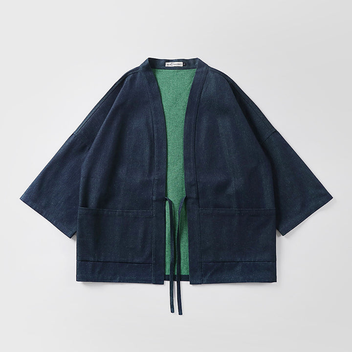 Unisex loose-fitting kimono jacket made of cotton denim with tie and large patch pockets Mune Fashion