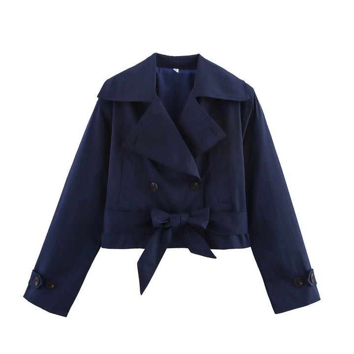 Women's Cropped Trench Coat in Boxy Cut with Wide Lapels and Tie Mune Fashion
