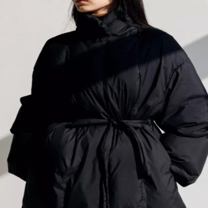 Women's Quilted Longline Parka with Wrap Tie Belt and Voluminous Sleeves Mune Fashion