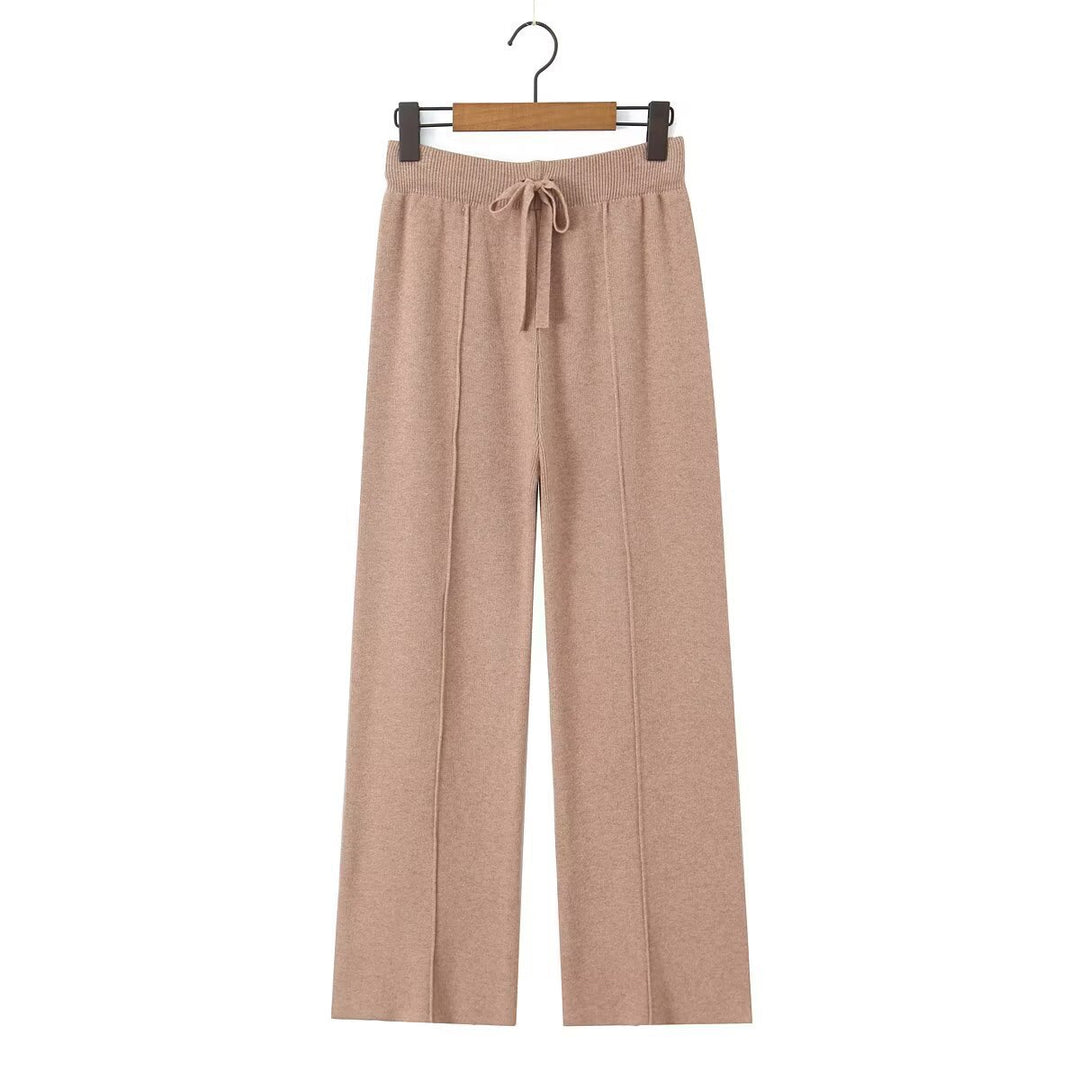 Women Wide Knit Trousers with Ribbed Waistband, Drawstring and Crease Mune Fashion