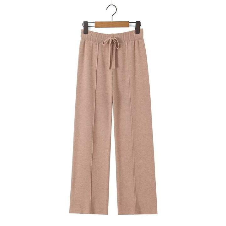 Women Wide Knit Trousers with Ribbed Waistband, Drawstring and Crease Mune Fashion
