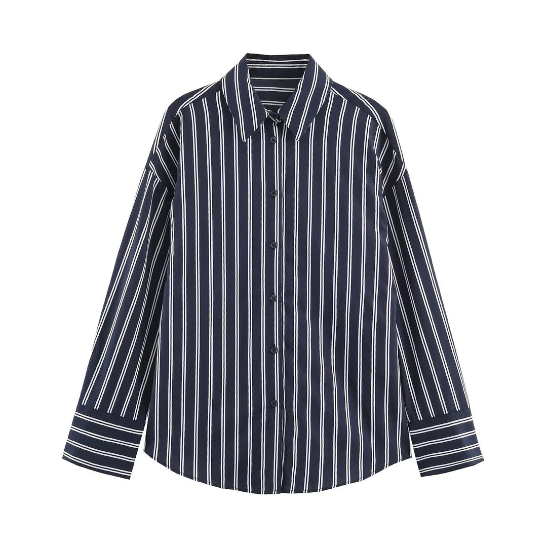 Women Oversized Striped Blouse with Shirt Collar and Cuffs Drune