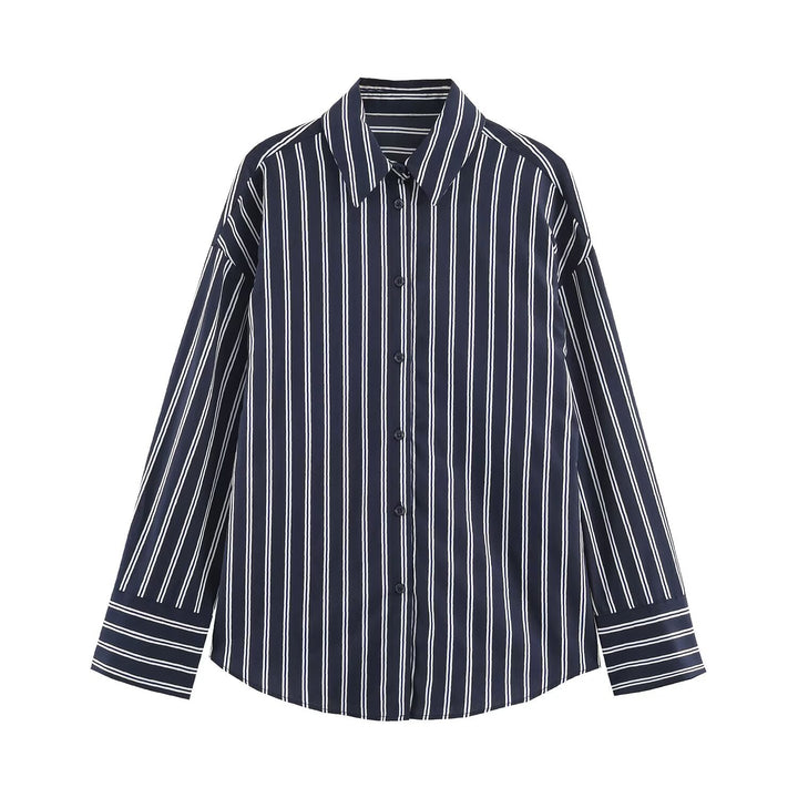 Women Oversized Striped Blouse with Shirt Collar and Cuffs Drune