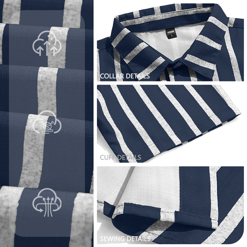 Men's casual short sleeve shirt with vertical block stripes, open lapel collar, and lightweight cotton-linen blend Mune Fashion