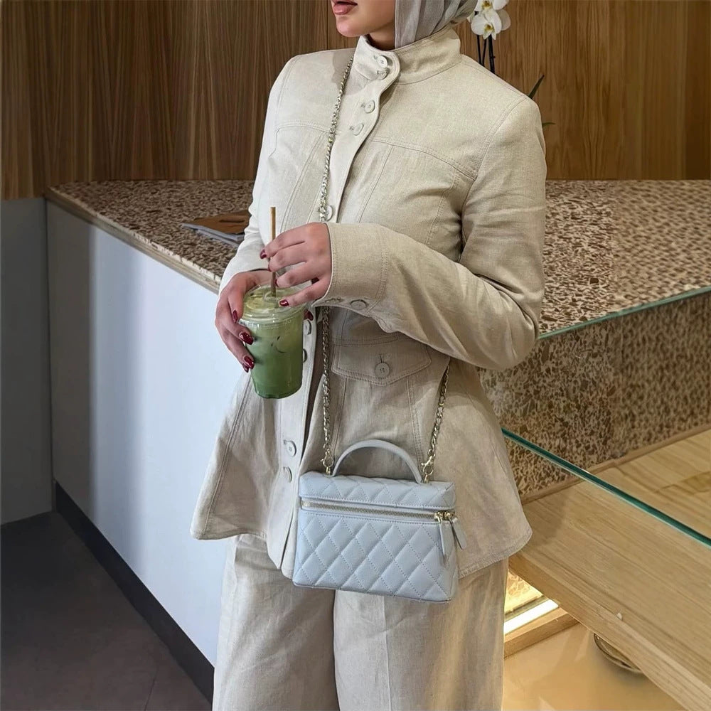 Women Tailored Linen Blazer with Stand Collar and Flouncing Peplum Mune Fashion
