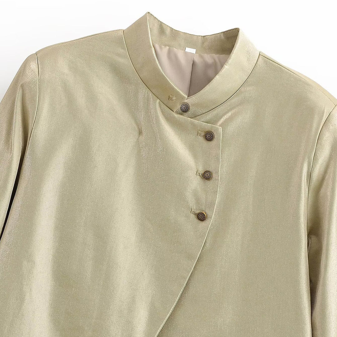 Ladies Shiny A-Line Jacket with Asymmetrical Button Placket and Bell Sleeves Mune Fashion