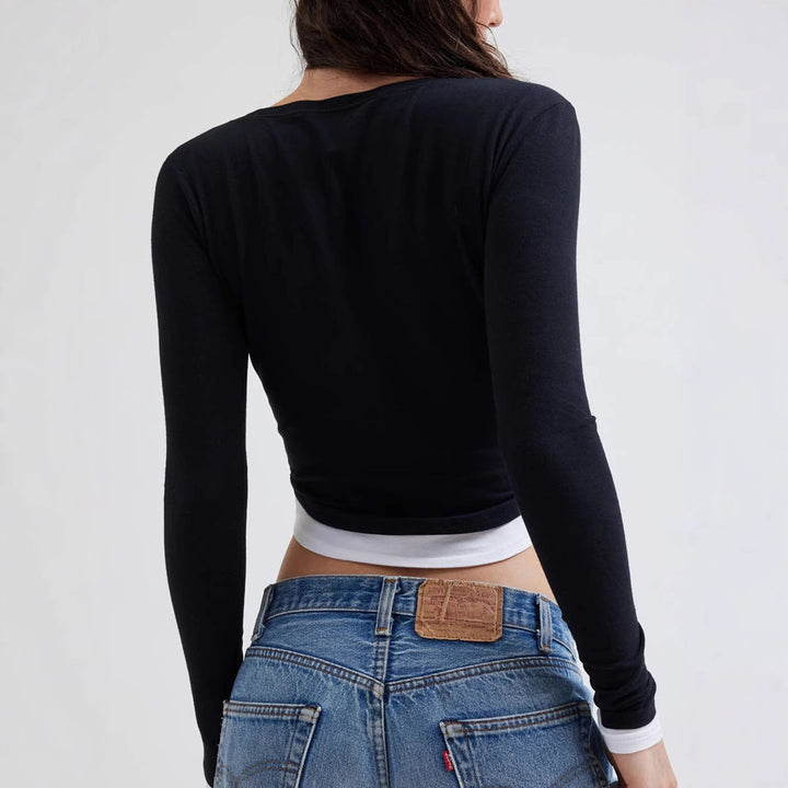 Women Cropped Long Sleeve Shirt with Square Neckline and Contrast Cuffs Mune Fashion