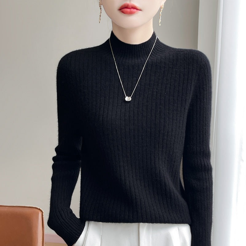Women's Narrow Ribbed Knit Mockneck with Extra Soft Cashmere Look Mune Fashion
