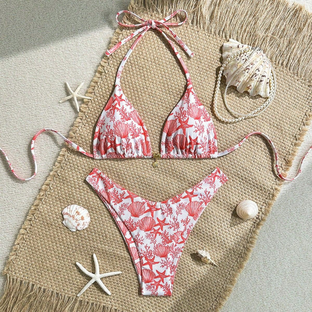 Women Triangle Bikini with Maritime Coral Pattern Mune Fashion