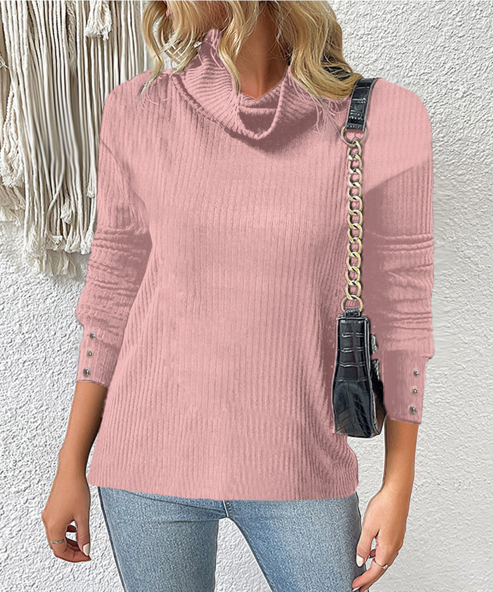 Women's Ribbed Turtleneck Sweater with 3/4 Sleeves and Decorative Button Placket Mune Fashion