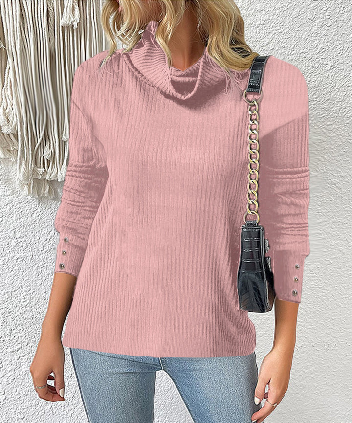 Women's Ribbed Turtleneck Sweater with 3/4 Sleeves and Decorative Button Placket Mune Fashion