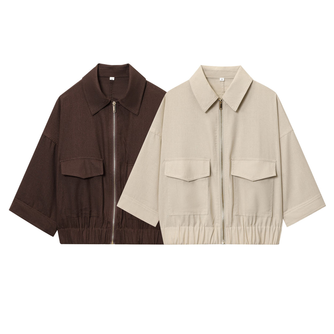 Women's Cropped Oversized Blouson Jacket with Large Flap Pockets, Full-Length Zipper and Elastic Hem Mune Fashion