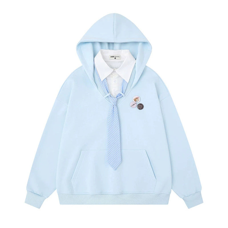 Women's hooded sweatshirt with inset shirt collar and pre-tied tie application Mune Fashion