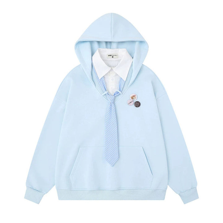 Women's hooded sweatshirt with inset shirt collar and pre-tied tie application Mune Fashion