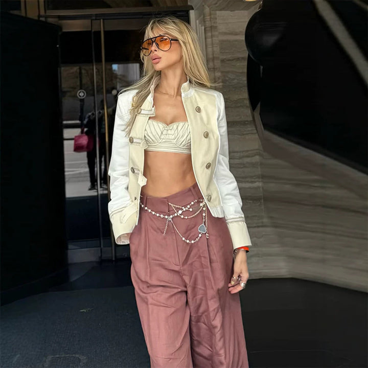Ladies short jacket in military-inspired satin look with stand-up collar Mune Fashion