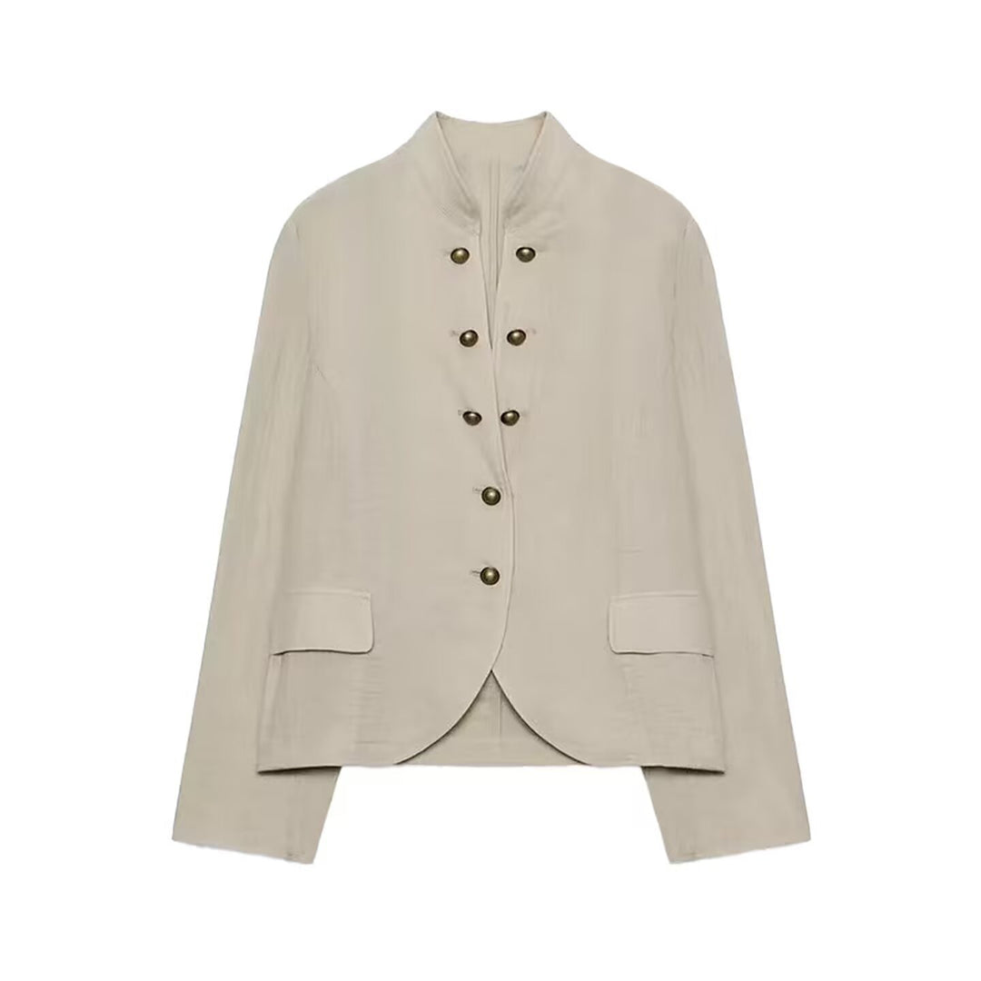 Women's short blazer in military style with stand-up collar and decorative metal buttons Mune Fashion