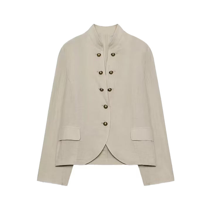 Women's short blazer in military style with stand-up collar and decorative metal buttons Mune Fashion