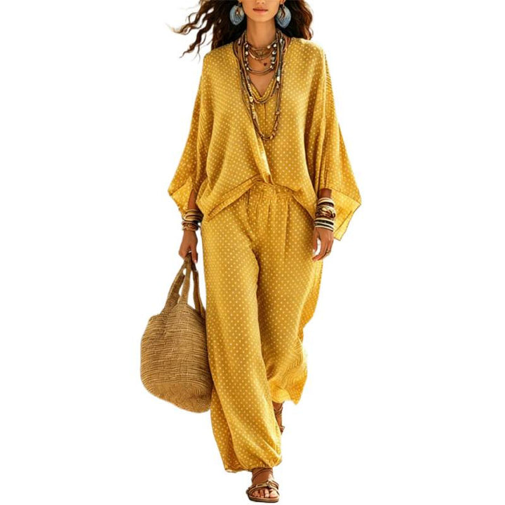 Ladies Boho Lounge Set with wide V-neck, batwing sleeves and elastic waistband palazzo pants Drune
