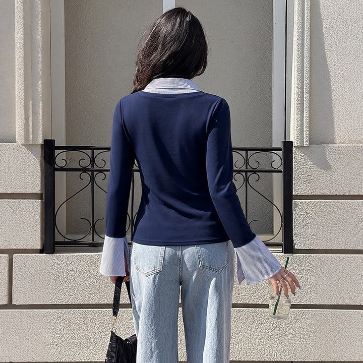 Ladies Elegant Longsleeve Top with Shirt Collar Mune Fashion