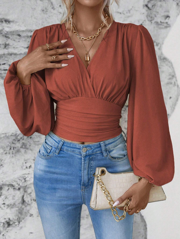Women's Wrap Cropped Top with Gathered Waist and Wide Balloon Sleeves Mune Fashion