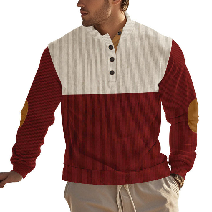 Men's structured Henley sweatshirt with stand-up collar, button placket, and leather elbow patches Mune Fashion