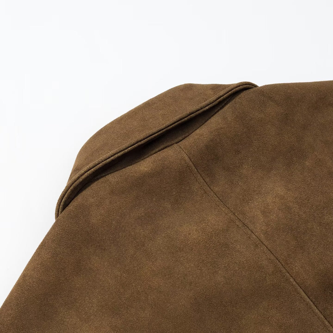 Women's short cut suede look jacket with shirt collar and button placket Mune Fashion
