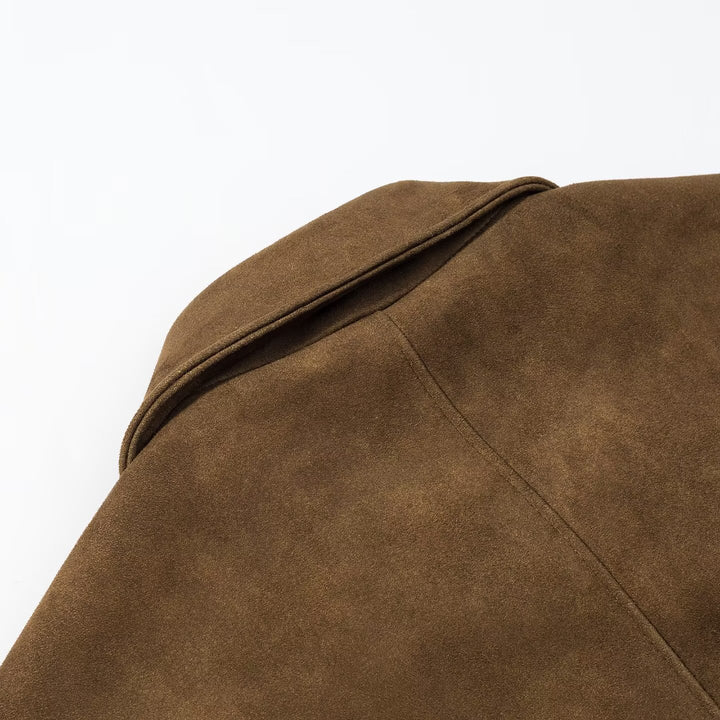 Women's short cut suede look jacket with shirt collar and button placket Mune Fashion