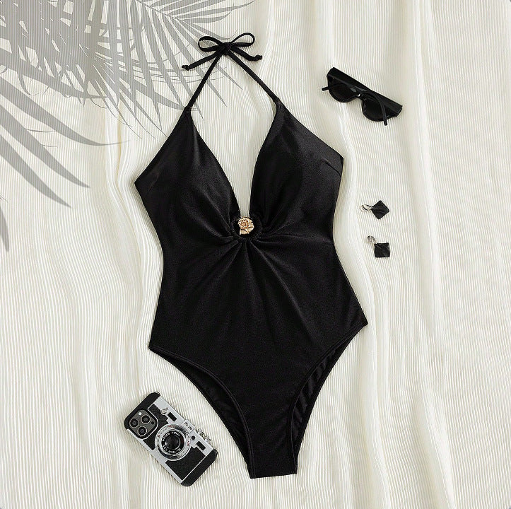 Women Elegant One-Piece Swimsuit with Deep V-Neck and Glossy Decoration Mune Fashion