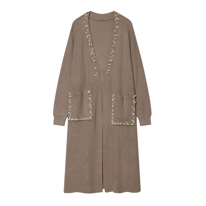 Women's long knit cardigan with bead embellishment and patch pockets Mune Fashion