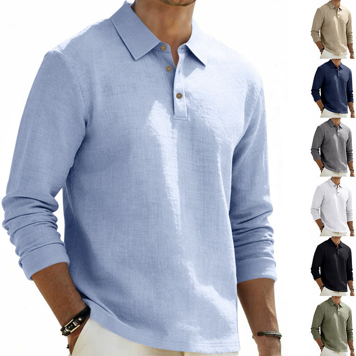 Men's long sleeve polo shirt made of linen with Henley button placket and Kent collar Mune Fashion